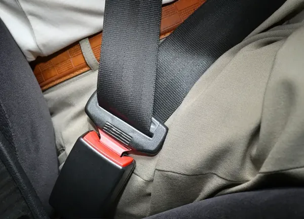 Seat belt fastened across the hips of a seated occupant, latch plate engaged in the buckle.