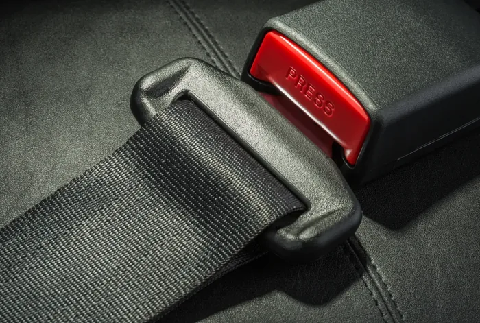 Seat belt assembly in detail — woven webbing, latch plate and buckle receiver with its release button.